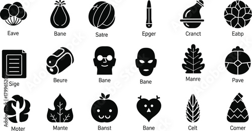 Collection of black and white icons representing herbs and symbols