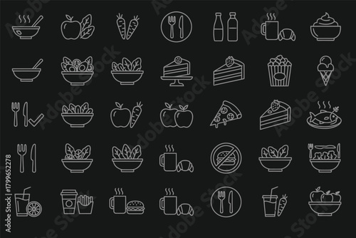 Collection of hand drawn food and drink icons in white outline style on a black background