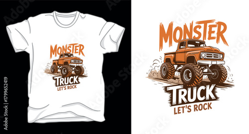 Lets rock monster truck graphic vector art t-shirt design print