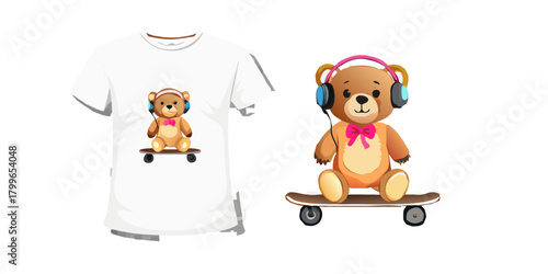 Vector fashion design for children t-shirt. Cute brown teddy bear on skateboard with headphones isolated on transparent background. Cartoon print for fabric, clothing for boy and girl.