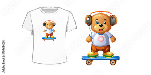 Vector fashion design for children t-shirt. Cute brown teddy bear on skateboard with headphones isolated on transparent background. Cartoon print for fabric, clothing for boy and girl.
