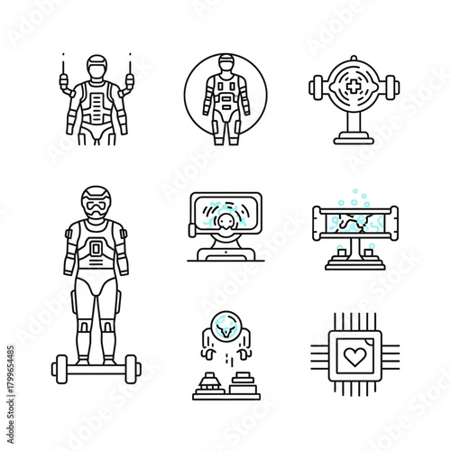 Futuristic technology icons showcase advanced robotics, AI, and cybernetic enhancements for modern innovation and scientific exploration
