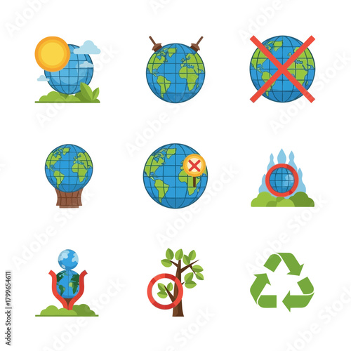 Planet earth icons show environmental care, climate change alerts, and sustainability symbols for ecological awareness campaigns and education
