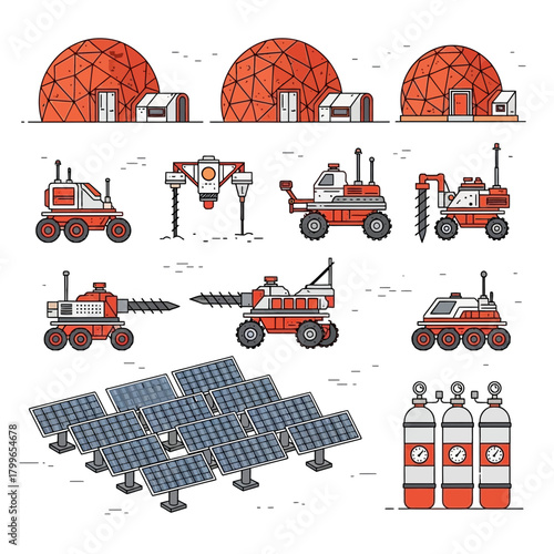 Explore Mars with advanced rovers, solar power, and habitat domes, envisioning future space colonization and scientific discovery missions.