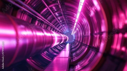 Scientific particle accelerator tunnel with vibrant pink illumination