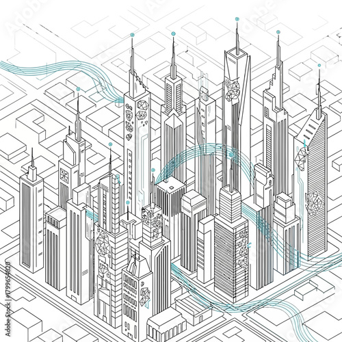 Dynamic futuristic cityscape with interconnected digital networks and abstract geometric elements, representing smart city innovation and connectivity.