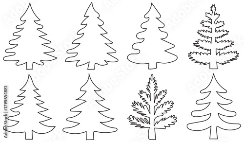 Black Christmas tree silhouettes collection, winter pine shapes, festive fir icons, nature graphic design elements, holiday decoration vector trees bundle