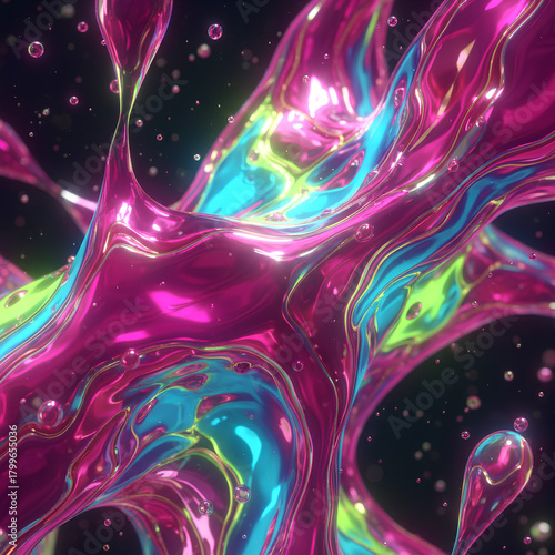 Vibrant abstract liquid art with swirling iridescent colors and glowing highlights on a dark background