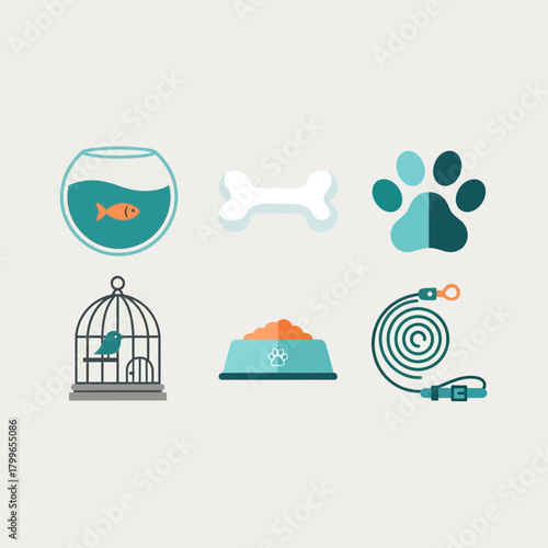 Charming collection of pet care icons including fishbowl, bone, paw print, birdcage, food bowl, and leash for your designs
