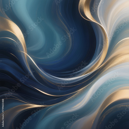 Abstract swirling fluid art with deep blues and shimmering golden metallic accents creating elegant movement