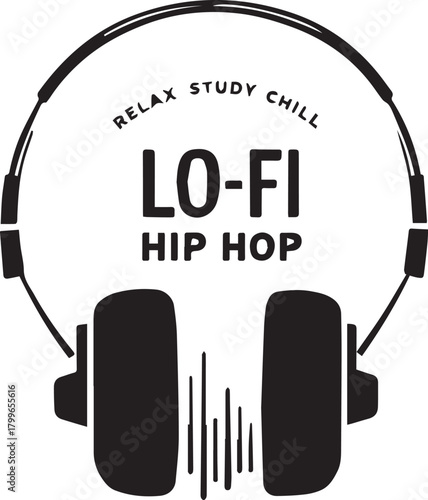 Lo-Fi Hip Hop: Minimalist silhouette of headphones framing the words 'LO-FI HIP HOP,' set against a soothing and relaxing audio wave, conveying a mood of chill vibes perfect for study. 