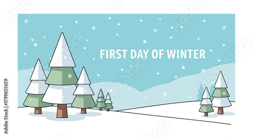 A vector illustration of a snowy landscape with pine trees celebrating the first day of winter.