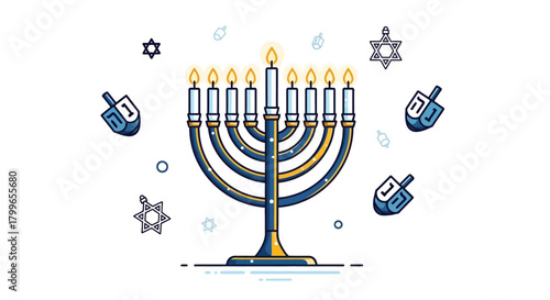 A Hanukkah menorah with nine candles lit, surrounded by dreidels and Star of David symbols, representing the Jewish Festival of Lights.