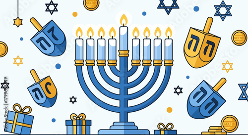 Hanukkah menorah with lit candles, dreidels, coins, gifts, and stars.