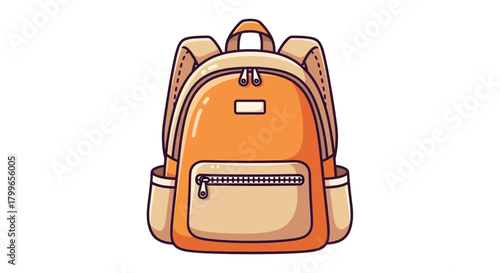 A cartoon illustration of a vibrant orange and beige backpack with multiple compartments and zippers, suitable for school or travel.