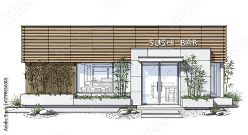 Architectural elevation sketch of a modern sushi bar with horizontal wooden paneling, minimalist façade geometry, clean signage placement, and refined hospitality design.