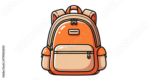 A vibrant orange backpack with beige accents, featuring multiple pockets and zippers, perfect for school or travel.
