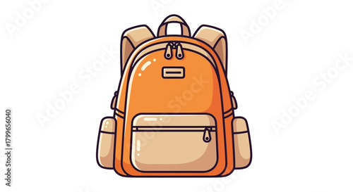 A vibrant illustration of a school backpack, featuring a front pocket and side compartments.