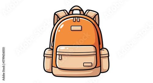 A cute cartoon illustration of an orange and beige backpack with multiple pockets and zippers, depicted on a white background.