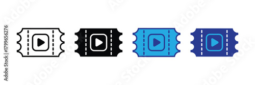 Collection of four ticket icons with play button symbol, representing video content, streaming, and entertainment options, isolated on white.