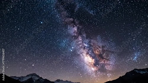 Serene reflection of countless stars and the galactic core shimmering on the undisturbed surface of a remote alpine lake at night. Static wide shot Milky Way, Galaxy, Night sky, Astronomy, Cosmos,?