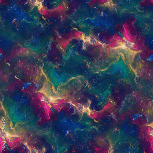 Vibrant cosmic nebula swirls of deep blue pink teal and golden light abstract background