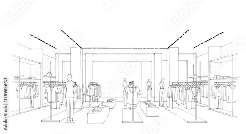Interior architectural sketch of a luxury retail hall featuring linear ceiling accents, open walkway paths, arranged display zones, and a refined minimalist boutique environment.