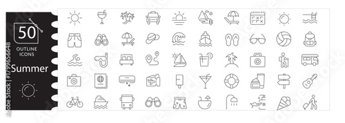 Summer Vacation Icon Set,Beach, Sun, Tropical. Travel Vector Collection, Cute Summer Illustrations, Ice Cream, Palm Trees, Swimwear. Holiday Symbols, Tropical Beach Vector Pack.