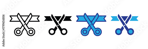 Grand opening icon set with scissors cutting ribbon for business inauguration and celebration events, isolated vector illustration