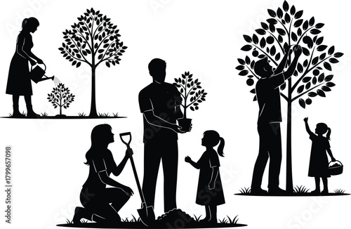 Silhouette family gardening and planting trees together, watering and picking fruits in backyard, eco friendly nature care and environmental protection vector illustration