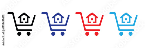 Set of four shopping cart icons with house symbol inside, representing real estate purchase or home buying concept, isolated on white.