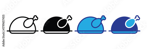 Four simplified icons of roasted chicken, presented in line art, solid black, and two blue color variations, on a white background.