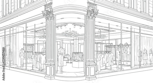 Architectural interior sketch of a grand columned arcade featuring classical pillars, open commercial promenade, and ornamental indoor structural elements.