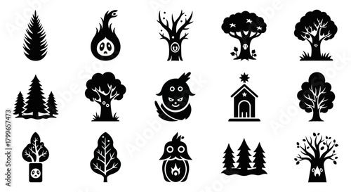 Whimsical forest elements for magical designs and storybooks, including trees, creatures, and a tiny house perfect for fairy tale illustrations