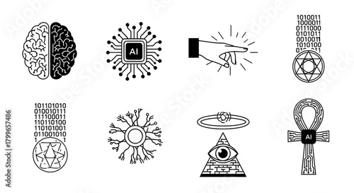 Digital Age: AI Brain, Technology, and Symbolic Icons Illustrating Human Connection, Innovation, and the Future in a Modern Design, Originally Vector Graphics