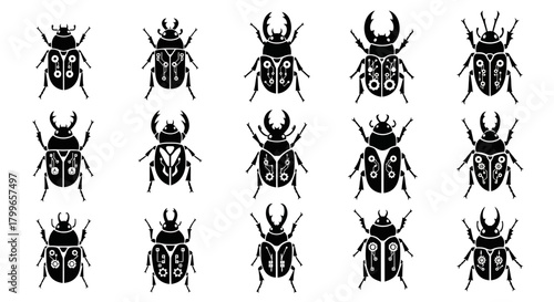 Bold beetle silhouettes with circuit board details seamlessly repeating, perfect for tech-inspired designs or nature-meets-technology concepts, cool pattern