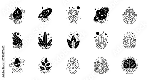 Mystical floral celestial designs featuring planets, stars, crystals, and botanical elements for bohemian, magical, or spiritual projects, originally from vector art