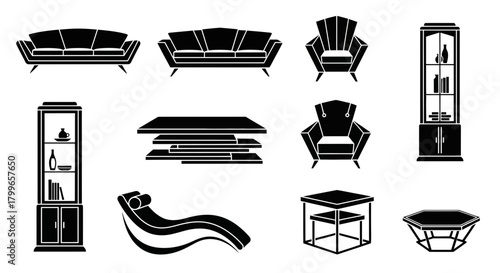 Elegant furniture collection in monochrome for interior design projects, includes sofas, chairs, cabinets, tables and chaise lounge, perfect for home decor concepts