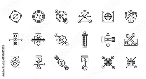 Dynamic mechanical components and engineering icons for innovation and industrial design projects