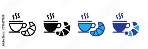 Collection of simple vector icons representing coffee cup and croissant in outline, solid black, and blue color styles isolated on white
