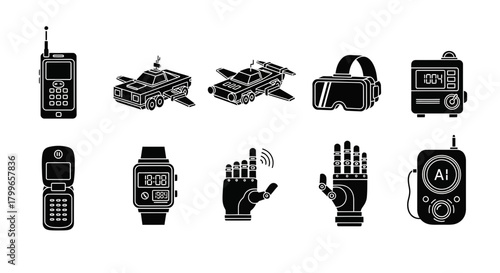 Modern technology icons showcase futuristic gadgets like VR headsets, AI devices, robotic hands, and smartwatches for innovation concepts.