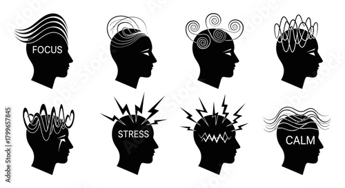 Visualizing mental states from intense focus to serene calm, capturing diverse cognitive experiences and emotional journeys through striking silhouettes