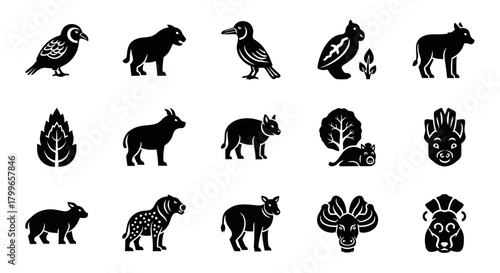 Diverse collection of stylized animal and plant icons representing wildlife and nature, perfect for educational materials or branding