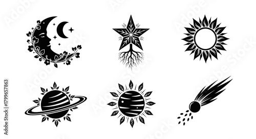 Mystical celestial icons and symbols for spiritual branding and cosmic designs