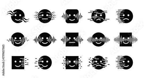 Dynamic collection of digital emotion icons showing facial expressions and data streams for modern technology concepts