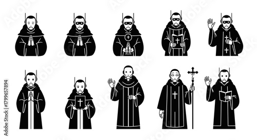 Diverse monks depicted in various devotional poses holding religious artifacts and books, perfect for spiritual and historical projects