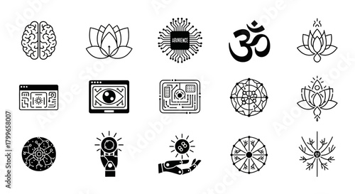Modern abstract icons blend technology and spirituality, symbolizing innovation, consciousness, and digital transformation for forward-thinking brands