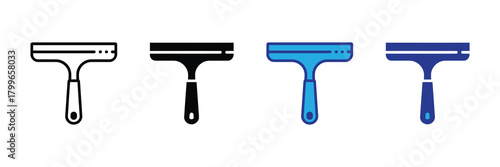 Four distinct icon variations of a squeegee tool: outline, solid black, filled blue, and outlined dark blue, ideal for cleaning and design contexts.