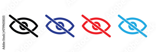 Set of four eye icons crossed out with a line, representing forbidden vision, hide, or no entry symbols in black, blue, red, and light blue colors on white.