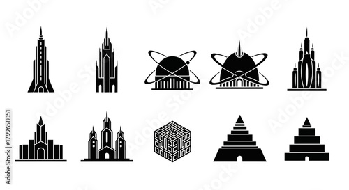 Futuristic architectural icons and symbols showcasing modern design, science, and abstract structures for innovative projects and branding